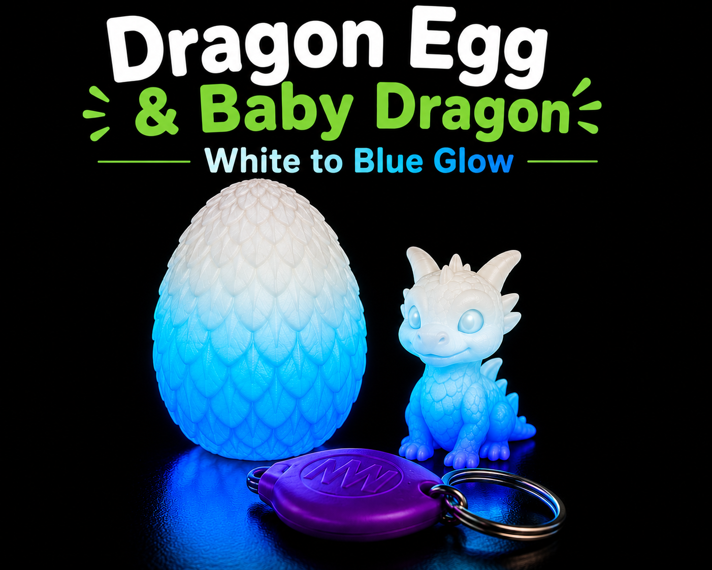 Glow Dragon Egg & Baby Dragon Gift Set | Glow-in-the-Dark Collectible | Blacklight Keychain Included