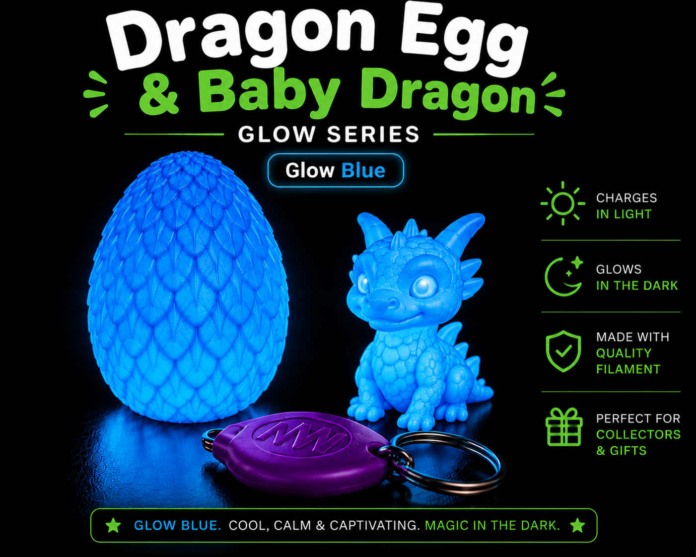 Glow Dragon Egg & Baby Dragon Gift Set | Glow-in-the-Dark Collectible | Blacklight Keychain Included