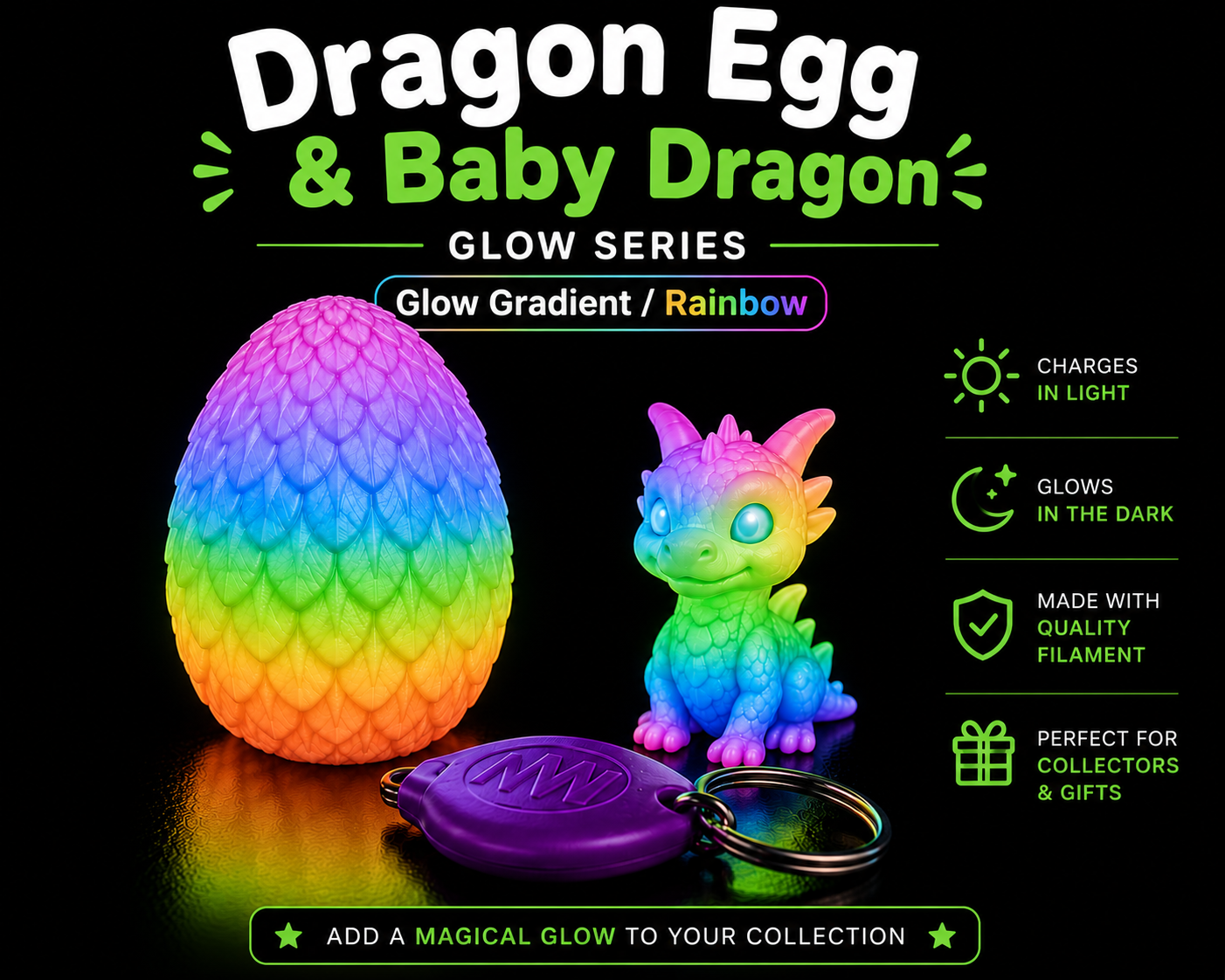 Glow Dragon Egg & Baby Dragon Gift Set | Glow-in-the-Dark Collectible | Blacklight Keychain Included