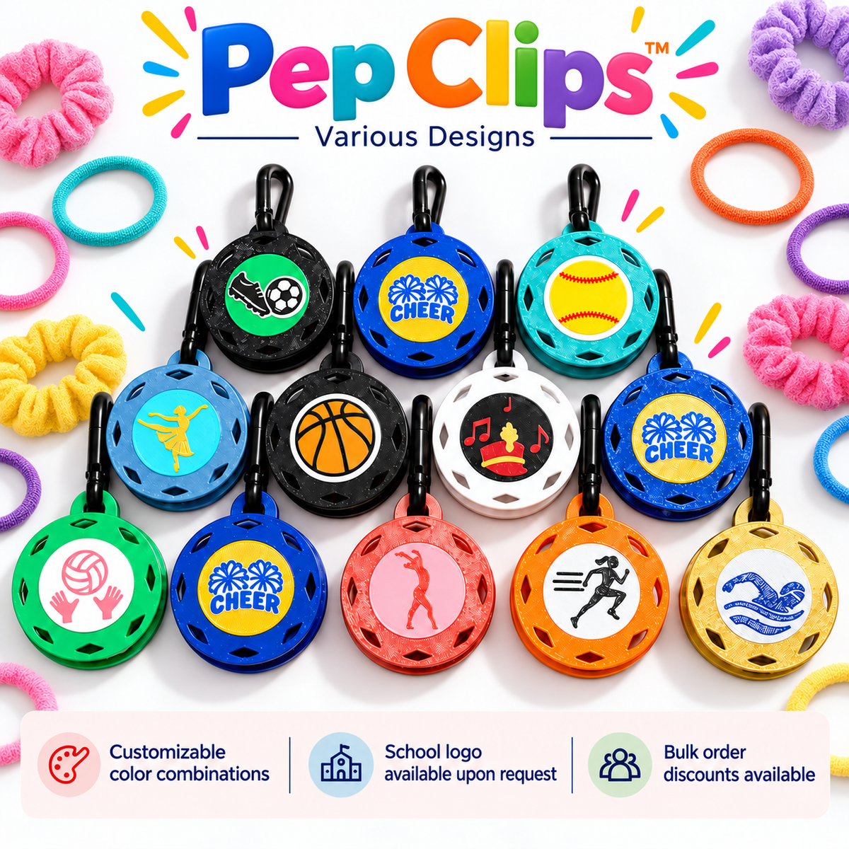 Pep Clips hair tie holders in various sports and activity designs with customizable colors and bulk order options
